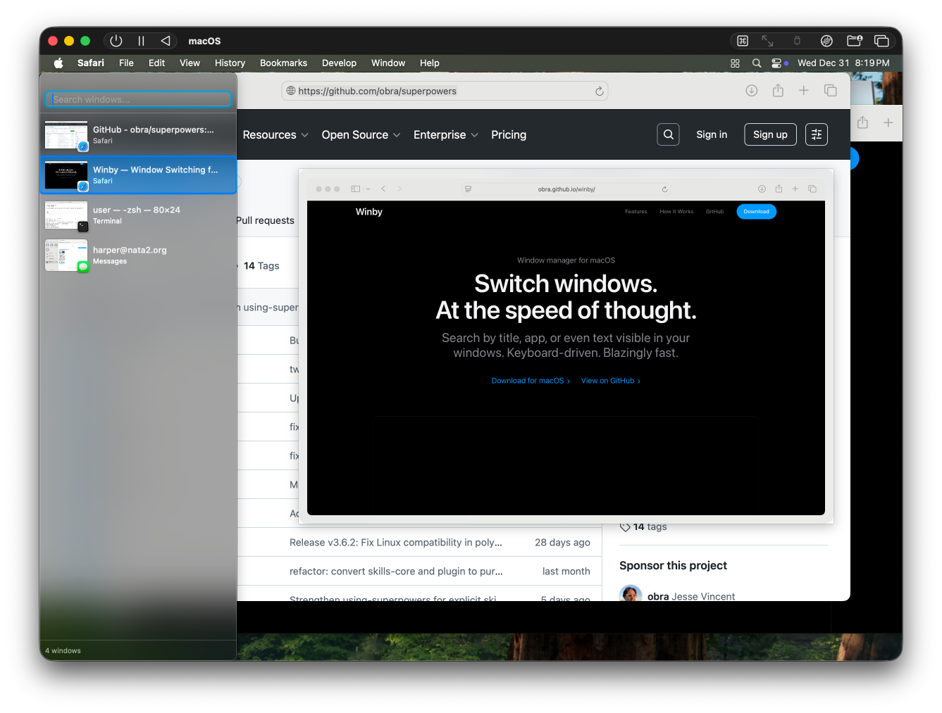Winby window switcher showing sidebar with window list and preview
